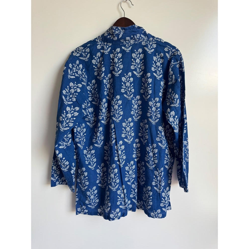 Tokree Jaipur Indigo Blue Floral Block Handmade Cotton Button Down Shirt Medium